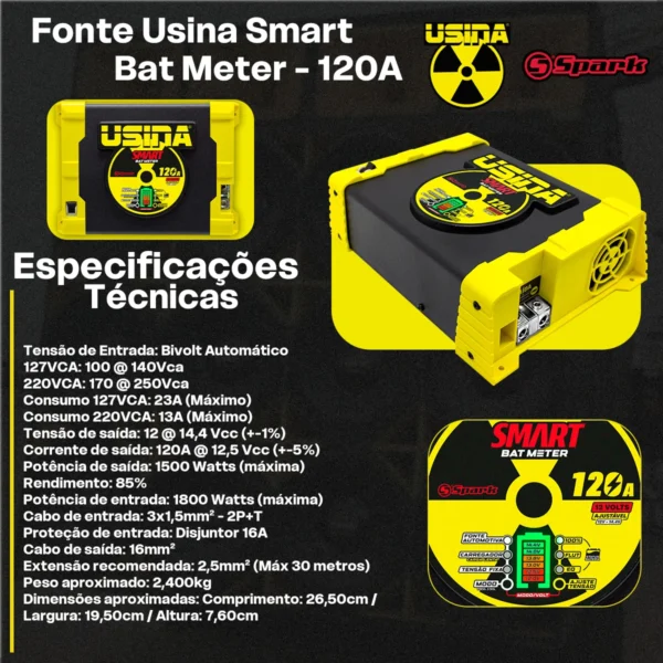 Fonte Automotiva Carregador de Bateria 12v Usina Smart Bat Meter 120 amperes 1 ano de Garantia - Imagem 7